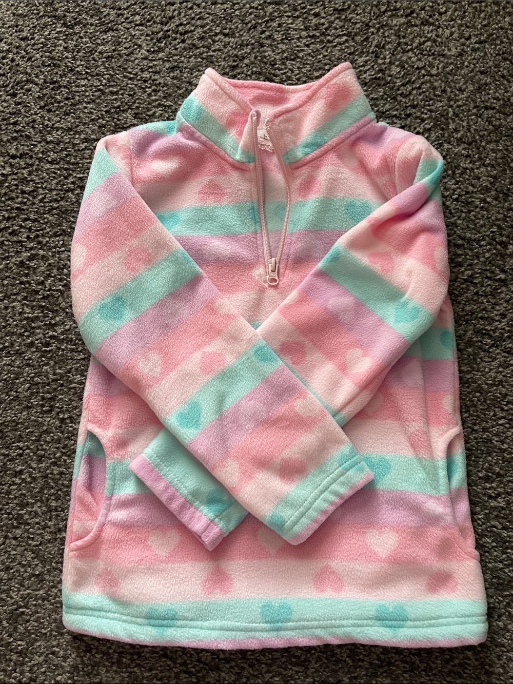 Girls Pink & Mint Heart Stripe Half-Zip Fleece Pullover. Worn once